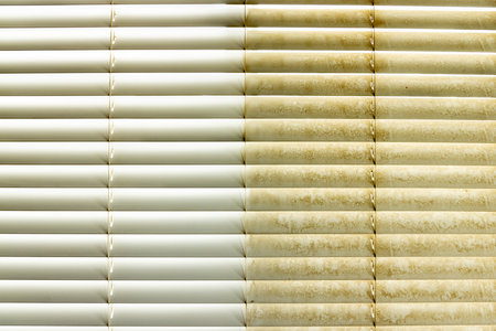 Residential Window Shades Showing the Before and After of a Good Cleaning - One Side Clean and One Side Dirty.の写真素材
