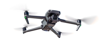 Front View of a Drone Quadcopter UAV In Flight Isolated on a White Background.の写真素材