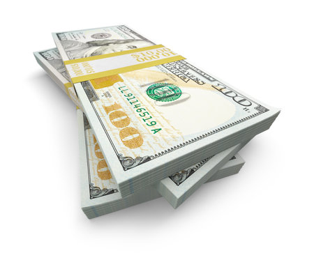 Stack of Thirty Thousand Dollars of One Hundred Dollar Bills Isolated on a White Background.の写真素材