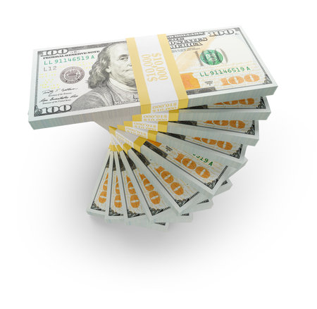 One Hundred Thousand Dollars Spiralling Stacks of One Hundred Dollar Bills Isolated on a White Background.の写真素材