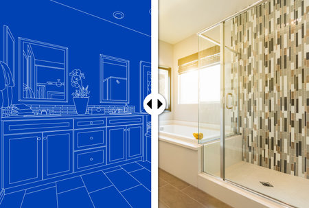 Before and After Slider Comparing Blueprint Sketch Drawing Plans and Completed Custom Master Bathroomの写真素材