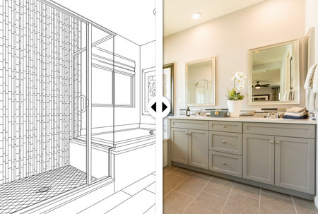 Before and After Slider Comparing Pencil Sketch Drawing Plans and Completed Custom Master Bathroomの写真素材