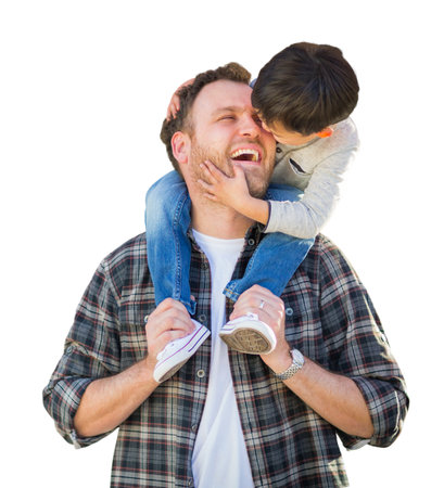 Happy Mixed Race Father and Son Riding Piggyback Isolated on a White Background.の写真素材