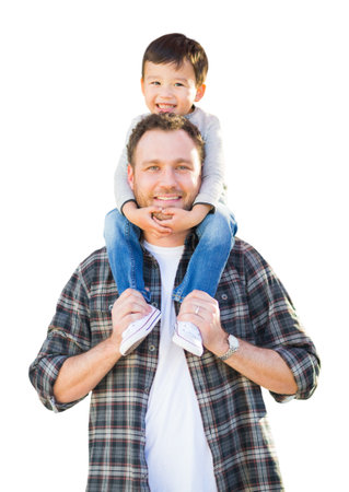 Happy Mixed Race Father and Son Riding Piggyback Isolated on a White Background.の写真素材