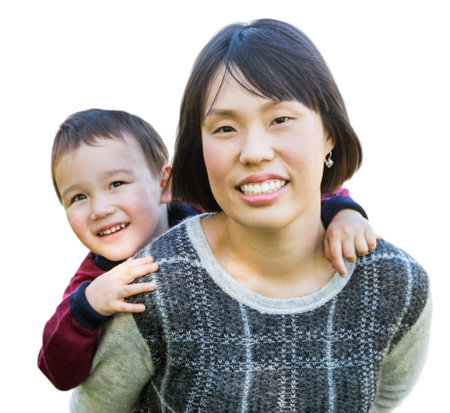 Chinese Mother and Mixed Race Caucasian and Chinese Son Portrait Isolated on a White Background.の写真素材
