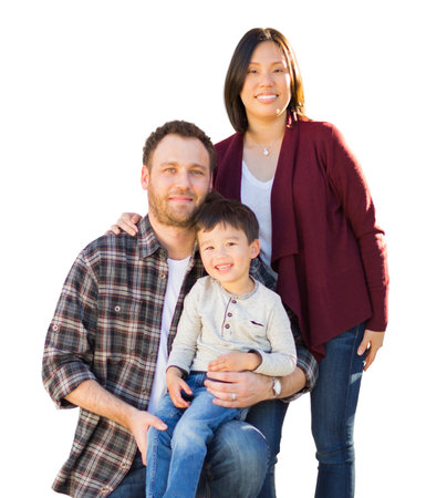 Mixed Race Chinese and Caucasian Family Portrait Isolated on a White Background.の写真素材