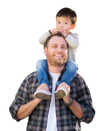 Happy Mixed Race Father and Son Riding Piggyback Isolated on a White Background.の写真素材