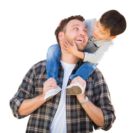 Happy Mixed Race Father and Son Riding Piggyback Isolated on a White Background.の写真素材
