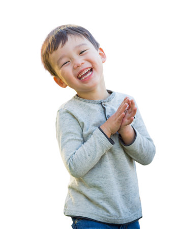 Happy Chinese Boy Isolated on a White Background.の写真素材