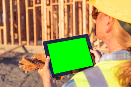 Female Construction Worker At Construction Site Holding Computer Tablet With Green Screen.の写真素材