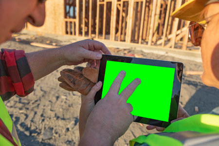 Construction Workers At Construction Site Holding Computer Tablet With Green Screen.の写真素材