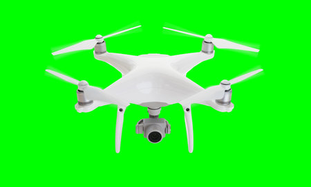 Isolated Unmanned Aircraft System (UAV) Quadcopter Drone In The Air Over A Green Screen.の写真素材