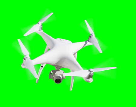 Isolated Unmanned Aircraft System (UAV) Quadcopter Drone In The Air Over A Green Screen.の写真素材