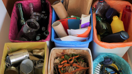 Household bins for waste sorting in the kitchen. Multicoloured Bins. Recycle. Plastic, paper...