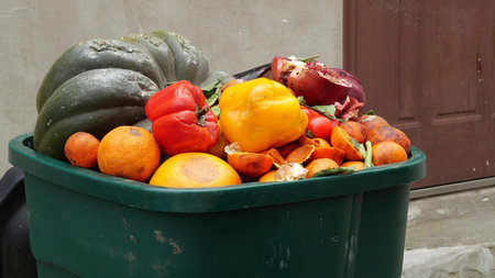 Food Waste in Grocery Store Retail. Discarded unsold damaged fruits and vegetables in packages. Food...
