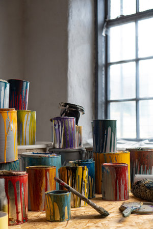 Cans of colored paint. Interior Painting, Art studioの写真素材