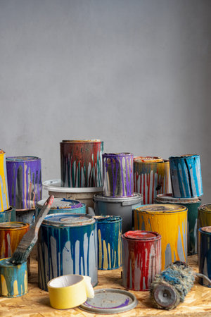 Empty paint cans. Paint Waste Management. Household Hazardous Waste - Paint Disposal. Copy space