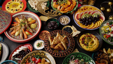 Ramadan halal food. Eid table setting top view. Hummus, Moroccan traditional cuisine. Authentic local homemade traditional mealsの写真素材