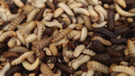 Black soldier fly larvae produced as animal feed. Insect factory farmの写真素材