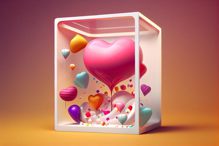 Valentine's Day gift box with hearts and balloons. 3d renderingの素材