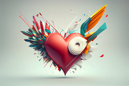 Abstract heart with colorful splashes on white background. 3D renderingの素材