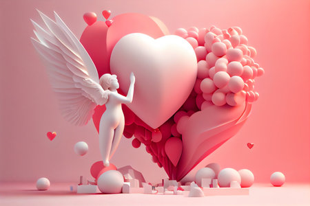 Valentine's day background with heart, angel and balloons. 3d renderingの素材