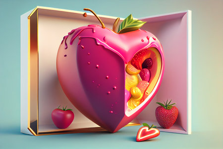 Valentine's day card with red heart and fruits. 3D renderingの素材