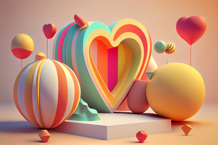 3d rendering of abstract minimal geometric forms. Glossy colorful podium for product presentation with heart and balloons.の素材