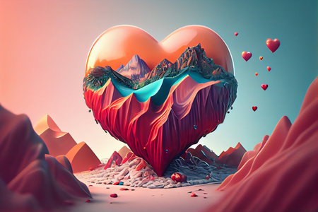 3d rendering of red heart in desert with mountains and red heartsの素材