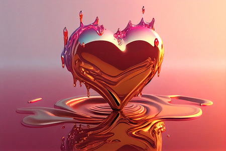 3d rendering of a heart and crown on a reflective surface.の素材