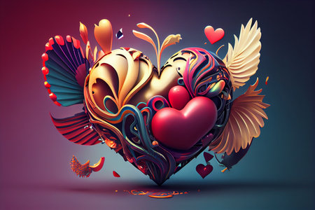 3d illustration of Valentine's Day background with heart and wings.の素材