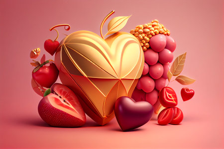 Valentine's Day background with hearts and fruits 3d renderの素材