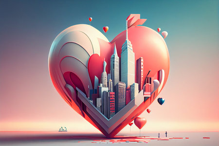 City in heart shape. 3D illustration. Valentine's day concept.の素材
