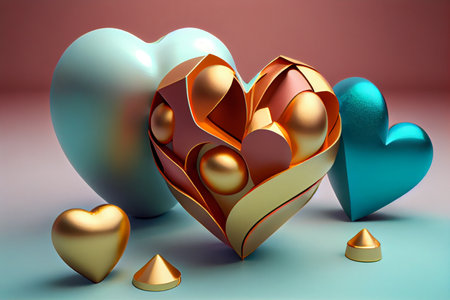3d illustration of valentine's day background with hearts and golden elementsの素材