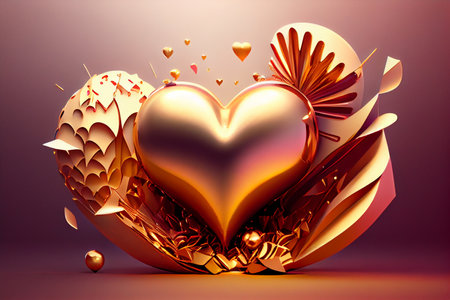 3d rendering of valentine's day abstract background with golden heartの素材