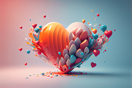 3d illustration of Valentine's Day. Colorful hearts on blue backgroundの素材