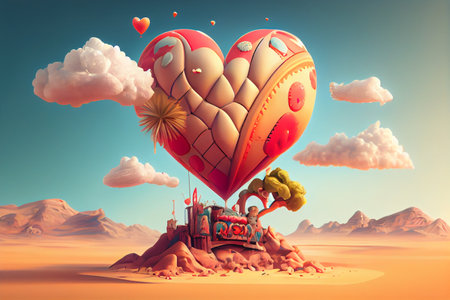 Hot air balloon flying over fantasy landscape. 3D render illustration.の素材
