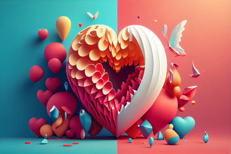 3d illustration of heart shape with flying hearts. Valentine's day concept.の素材
