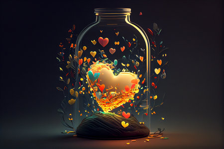 Heart inside a glass jar with colorful hearts flying out, 3D renderingの素材