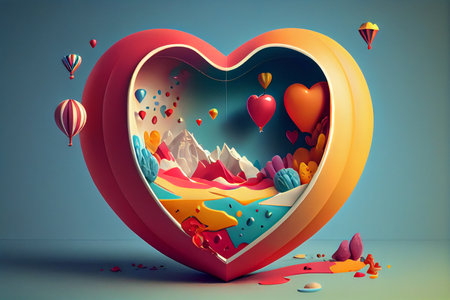 3d illustration of heart shape with mountains and hot air balloons.の素材
