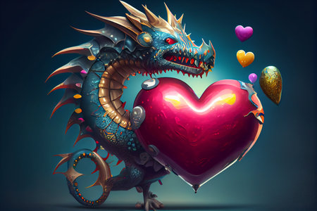 Dragon with heart. 3D illustration. Valentine's day concept.の素材