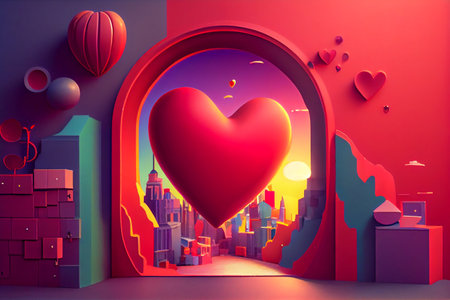 Valentines day background with heart and city. 3d renderingの素材