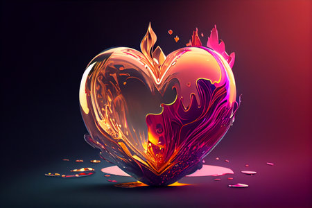 3D illustration of a heart with fire and water drops on a dark backgroundの素材