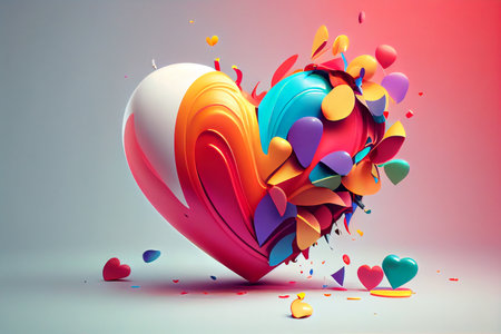 3d rendering of colorful heart with confetti in the background.の素材