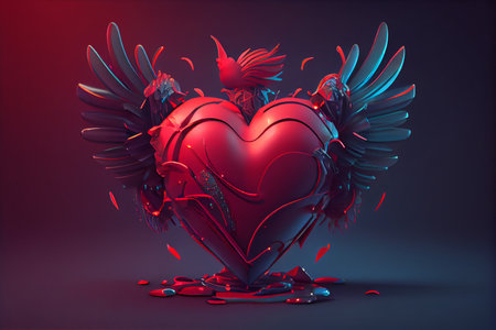 Valentine's day background with red heart and wings. 3d renderingの素材