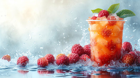 Fruit drink with raspberries and mint in a glass on a blue backgroundの素材