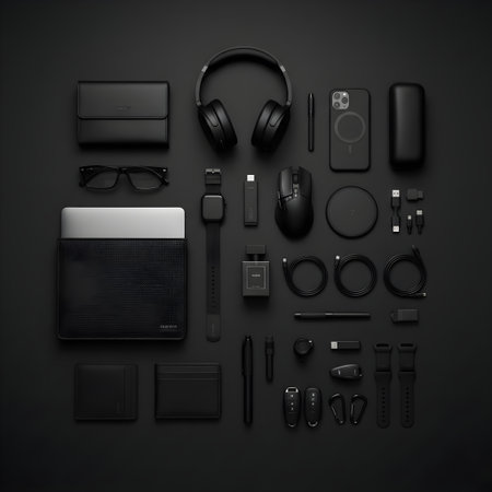 Highly rendering of various electronic devices and accessories on black background.の素材