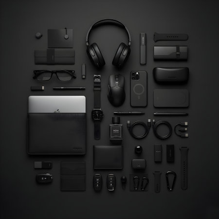 Highly quality rendering of a set of high-end bagpack accessories on a black background.の素材