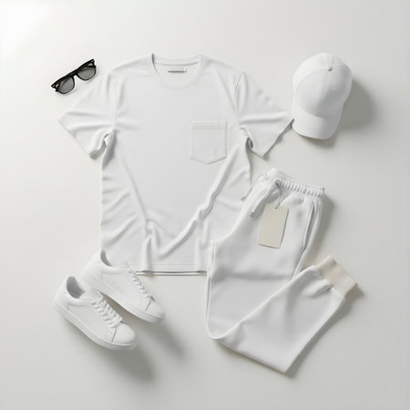 White t-shirt, joggers, sneakers, sunglasses and cap on white backgroundの素材