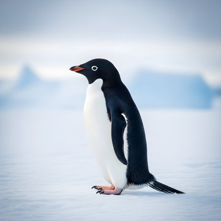 Gentoo penguin standing on snowy and frozen iceberg in cold regionの素材